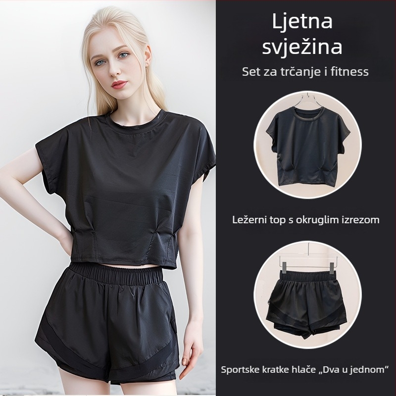 Ženski set za jogu i pilates: top s okruglim izrezom i kratke hlače, brzo sušeći materijal, visok struk