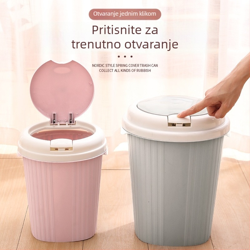 Koš za smeće s poklopcem, kućna upotreba, otvaranje pritiskom, ovalni oblik, 4 L, kupaonica, kuhinja, dnevni boravak, PP