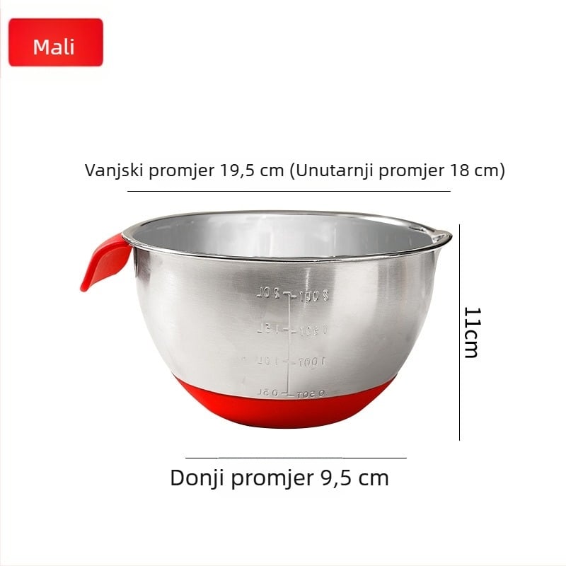 Nerđajući čelična posuda za jaja s protukliznim silikonskim dnom, s ugrađenim filtrom i ručkom; višenamjenska zdjela za salatu i povrće, promjer 18 cm i 24 cm