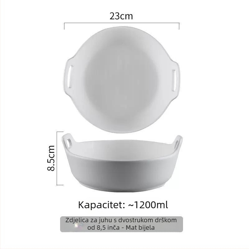 Kreativno minimalističko crno-bijeli mat keramički set za stol — velika zdjela za juhu s dvjema ručkama