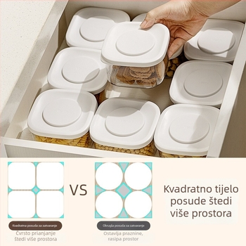 Plastična posuda za skladištenje hrane, hermetički zatvarač, kvadratnog oblika, kapacitet 301-500 ml, otporna na vlagu, za žitarice i grickalice.