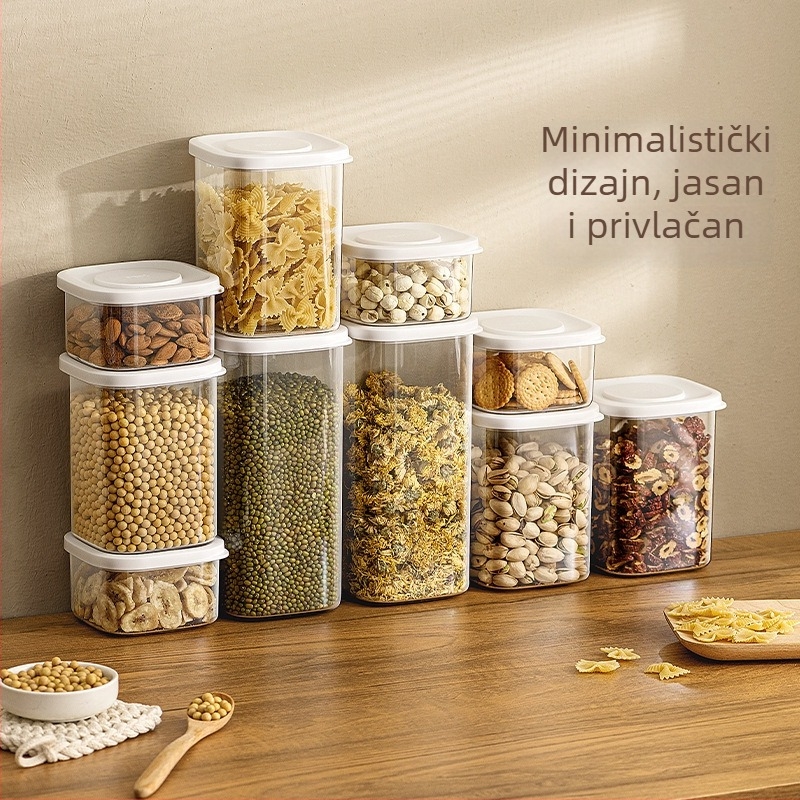 Plastična posuda za skladištenje hrane, hermetički zatvarač, kvadratnog oblika, kapacitet 301-500 ml, otporna na vlagu, za žitarice i grickalice.