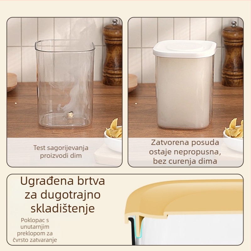 Plastična posuda za skladištenje hrane, hermetički zatvarač, kvadratnog oblika, kapacitet 301-500 ml, otporna na vlagu, za žitarice i grickalice.