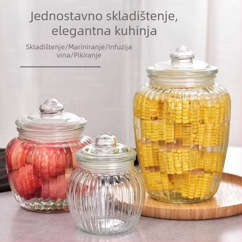Staklena posuda velike kapacitete s poklopcem, pogodna za kućno kiseljenje, fermentaciju i skladištenje žitarica