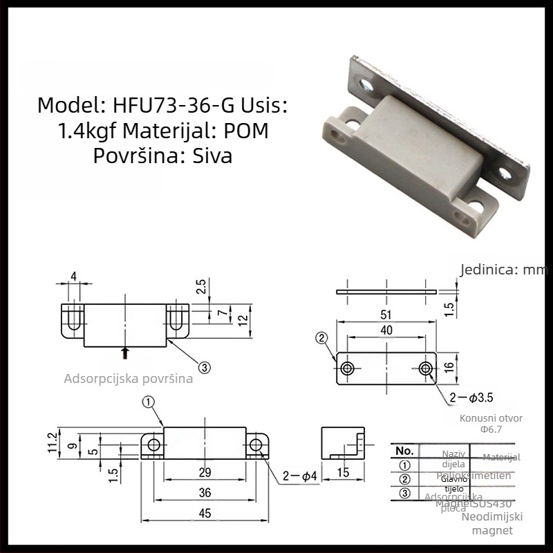 HFU73-36-W/R/G/E Magnetski držač vrata s zaštitom od prašine MPLB/MPLW