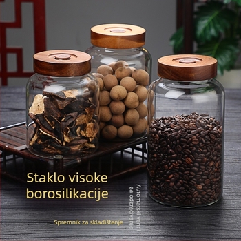 Staklena posuda za skladištenje velikog kapaciteta sa spiralnim otvorom, staklo borosilikatno, vodonepropusno, drveni poklopac, za sušenu koru naranče i žitarice