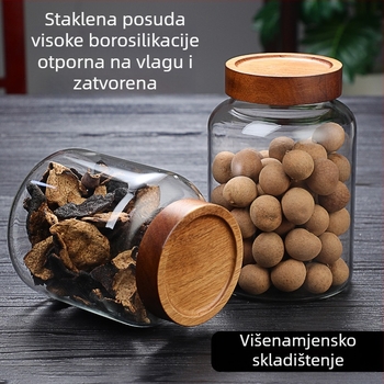 Staklena posuda za skladištenje velikog kapaciteta sa spiralnim otvorom, staklo borosilikatno, vodonepropusno, drveni poklopac, za sušenu koru naranče i žitarice
