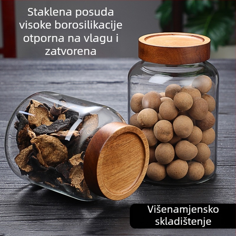 Staklena posuda za skladištenje velikog kapaciteta sa spiralnim otvorom, staklo borosilikatno, vodonepropusno, drveni poklopac, za sušenu koru naranče i žitarice