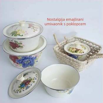 Stari emajlirani lonac s poklopcem, lonac za juhu, zdjela za punjenje knedli, zdjela za začine, duboki lonac s poklopcem za masnoću, posuda za kolače