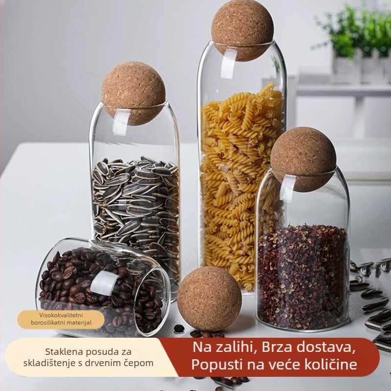 Okrugla staklena posuda s čepom od pluta — hermetičan spremnik za čaj, čaj od cvijeća i voća te zrna kave