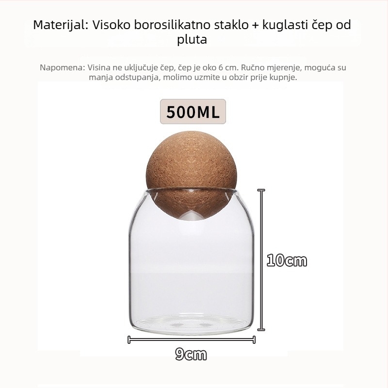 Okrugla staklena posuda s čepom od pluta — hermetičan spremnik za čaj, čaj od cvijeća i voća te zrna kave