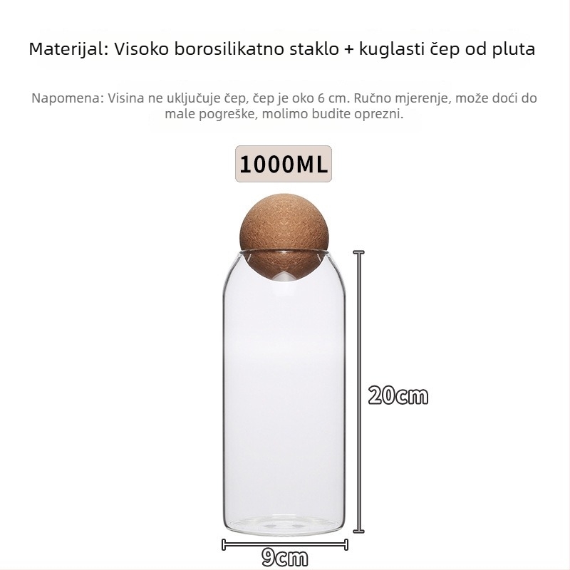 Okrugla staklena posuda s čepom od pluta — hermetičan spremnik za čaj, čaj od cvijeća i voća te zrna kave