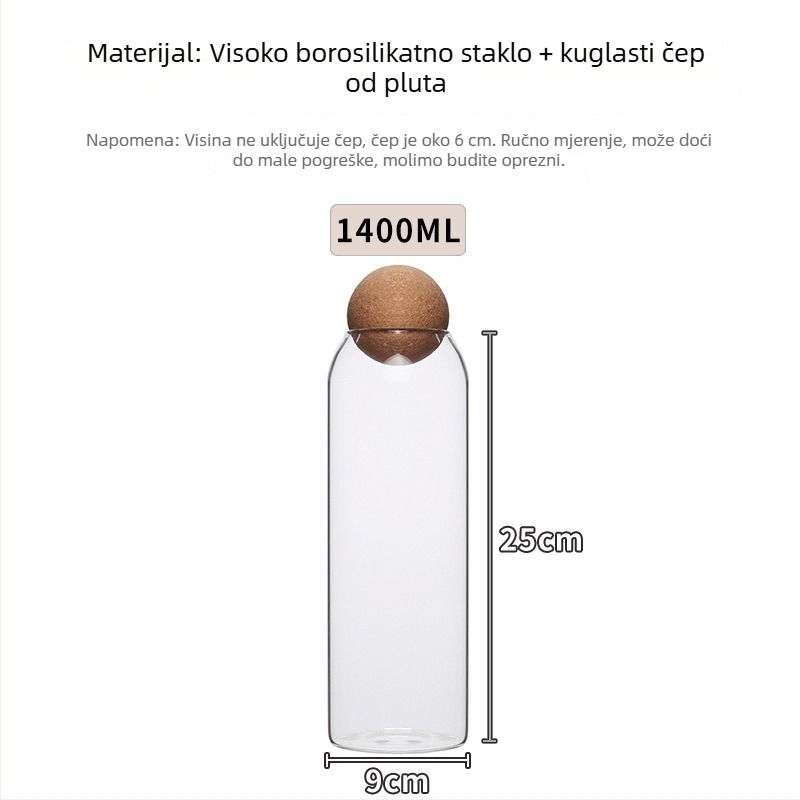 Okrugla staklena posuda s čepom od pluta — hermetičan spremnik za čaj, čaj od cvijeća i voća te zrna kave