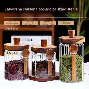 Staklena posuda od borosilikatnog stakla s šarenim prugama, poklopac od akacijinog drveta i žlica, za čuvanje čaja i žitarica