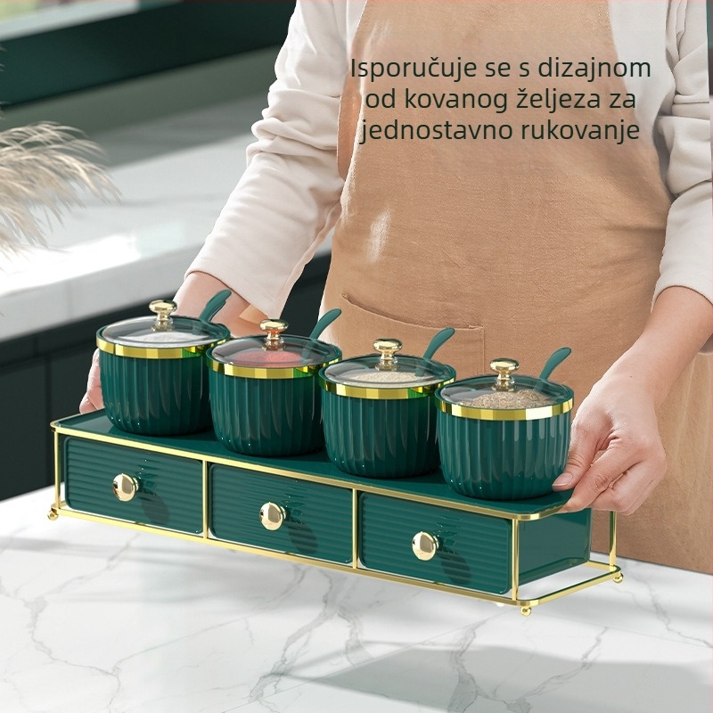 Set za pohranu začina s metalnim okvirom u europskom stilu, s bocama i staklenkama