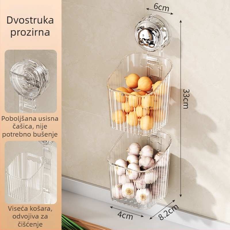 Kutija za pohranu zelenog luka, đumbira i češnjaka — zidni držač s usisnim čašom za odvod vode