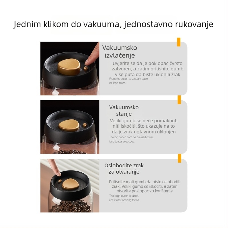 Staklena vakuumska posuda za čuvanje zrna kave i kave u prahu, hermetični spremnik za hranu s poklopcem, čuvanje čaja