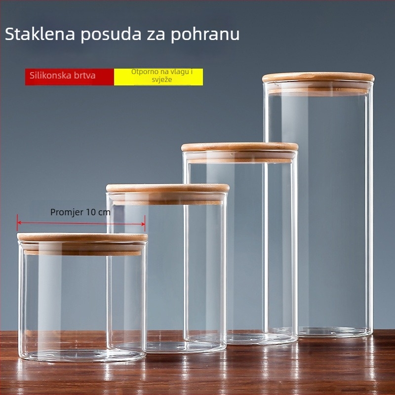 Prozirna staklena hermetički zatvorena posuda za kuhinjsko skladištenje, prehrambena kvaliteta, otpornost na vlagu, širokog promjera, za kavu, čaj i grickalice