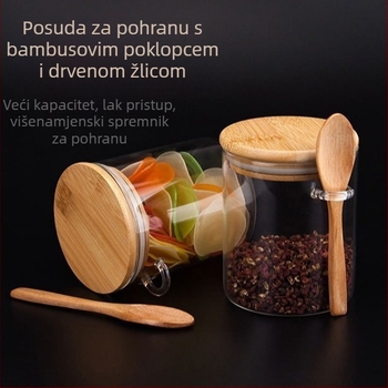 Okrugla staklena posuda s poklopcem od bambusa i žličicom, proziran spremnik za pohranu – začini, žitarice i suho voće.