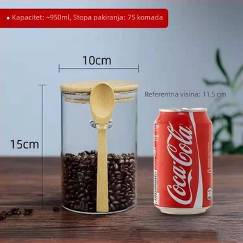 Okrugla staklena posuda s poklopcem od bambusa i žličicom, proziran spremnik za pohranu – začini, žitarice i suho voće.