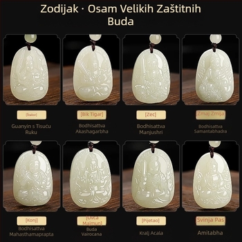 Prirodni Hetian jade privjesak s Budom rođene godine zodijaka, Manjushri Bodhisattva, Samantabhadra i Guanyin – unisex ogrlica