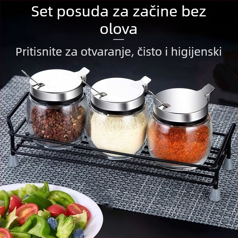 Bezolovni staklena boca za začine, staklena solnička, kuhinjski set s posudama od nehrđajućeg čelika i žlicom, otporan na vlagu