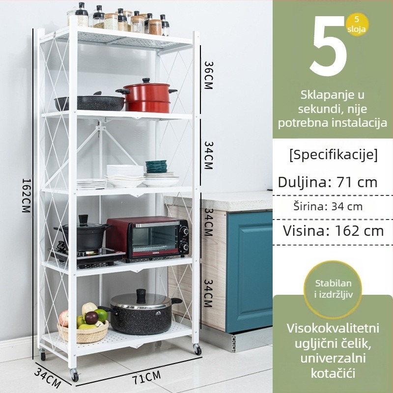 Petoslojni sklopivi podni rega sa kotačićima, za kuhinju i dnevni boravak