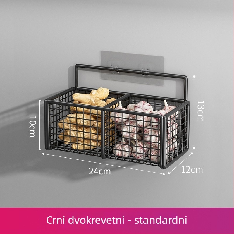 Zidni držač za kuhinju bez bušenja s košarom za luk, đumbir i češnjak