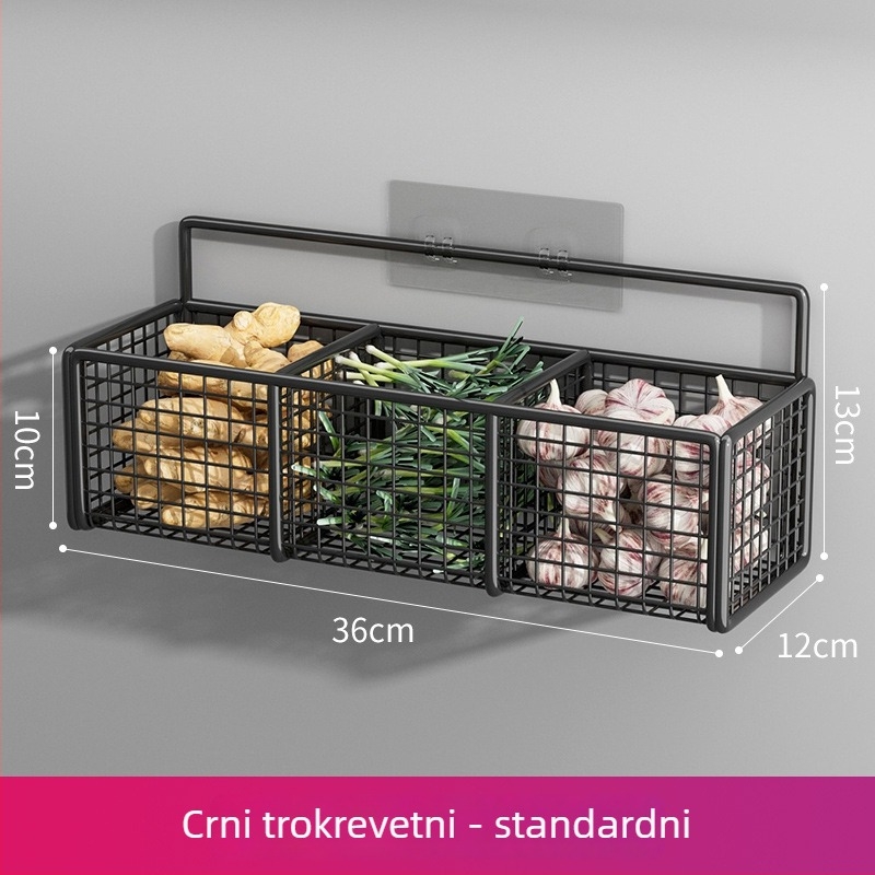 Zidni držač za kuhinju bez bušenja s košarom za luk, đumbir i češnjak