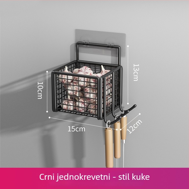 Zidni držač za kuhinju bez bušenja s košarom za luk, đumbir i češnjak