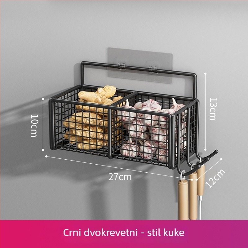 Zidni držač za kuhinju bez bušenja s košarom za luk, đumbir i češnjak