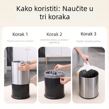 Željezni kanta za otpad, zapremina 10 L, bez poklopca, oblik bačve, namijenjena kućnoj upotrebi: dnevni boravak, kuhinja, ured, kupaonica.