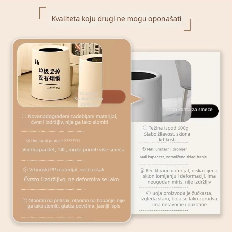 Koš za otpad za kućnu upotrebu velikog kapaciteta, krem boje, moderan luksuzan minimalistički dizajn, dvostruki sloj bez poklopca