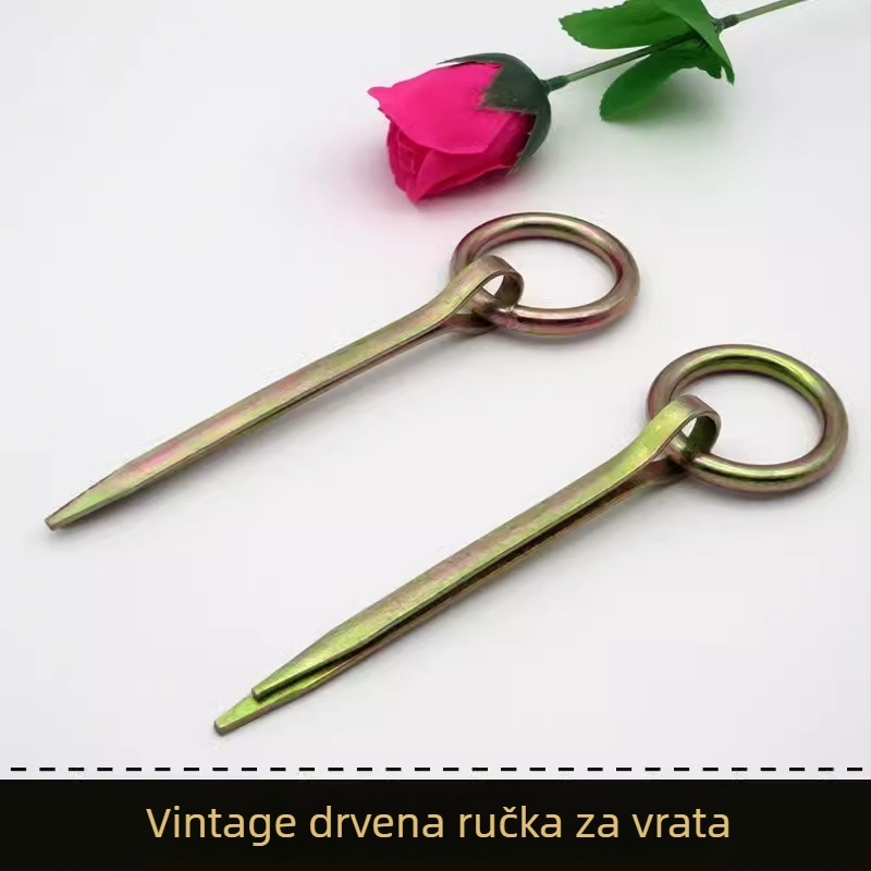 Vintage drveni hardver za vrata: zasun, okrugla kvaka s prstenom, dverni čep i brava