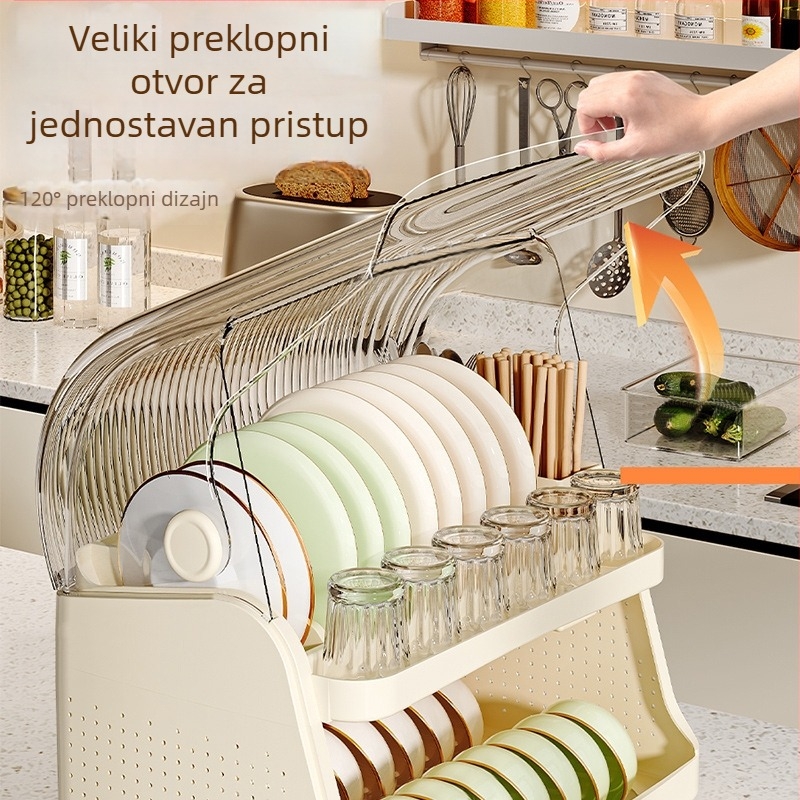 Kuhinjski 6-slojni stalak za posuđe s zaštitom od prašine i odvodom