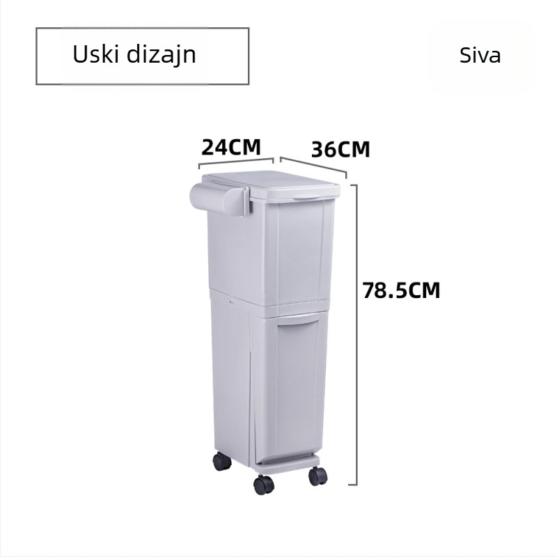 Kuhinjski kanta za otpad s podjelom na suhi i mokri otpad, dvokomorski, veliki kapacitet, s poklopcem, kotačićima i pedalom