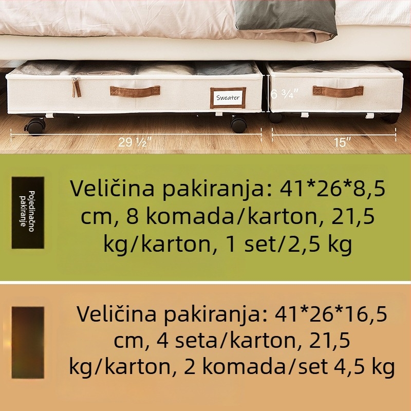 Velika kutija za odlaganje ispod kreveta s kotačićima za odjeću i deke, sklopiva, 60 L