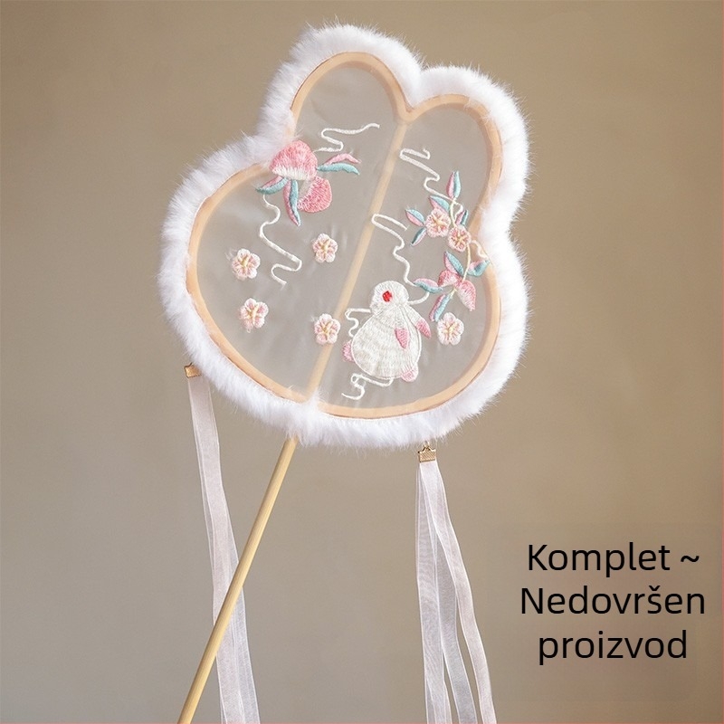 Izšiveni okrugli fan, kineskog stila za jesen-zimu, pliš, Hanfu nadahnuti makeup i kostim rekvizit za fotografiranje i predstave, fan s ušima zeca i leptir