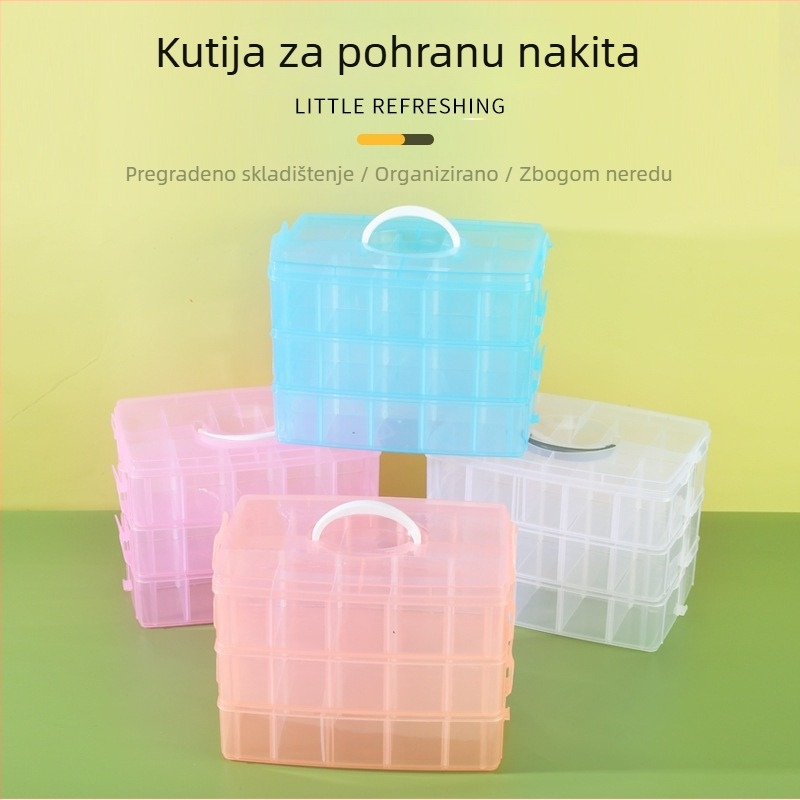 Trostruka prozirna prijenosna kutija za nokte, nakit i perle — stolni organizator (25×17×18,7 cm)