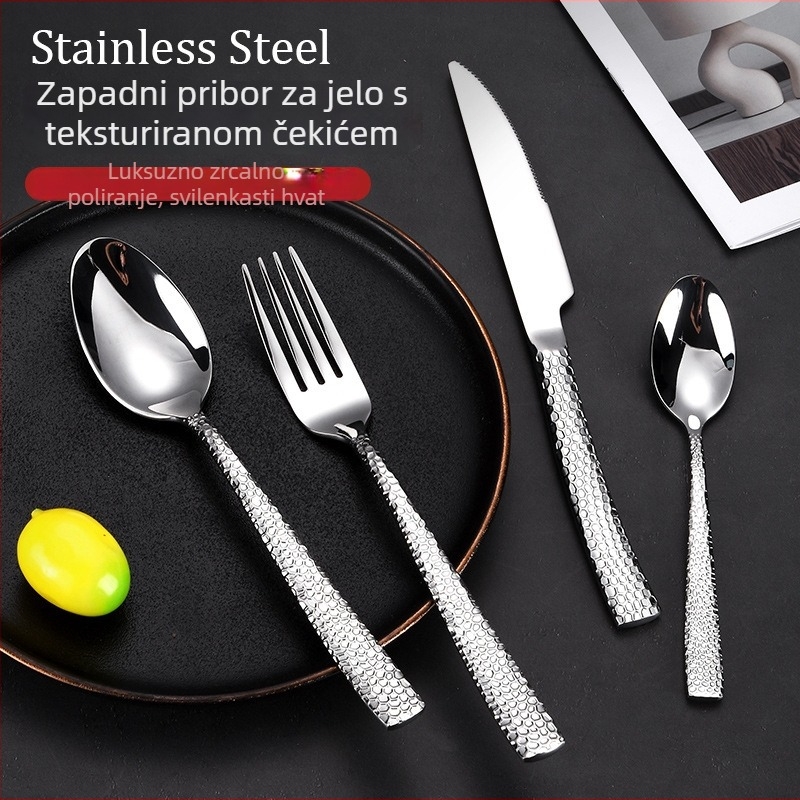 Set pribora od nehrđajućeg čelika, četiri dijela: nož, vilica i žlica s udubljenom ručkom, sjajan završni premaz, zapadni stil – nož za steak, desertna žlica, 410 čelik