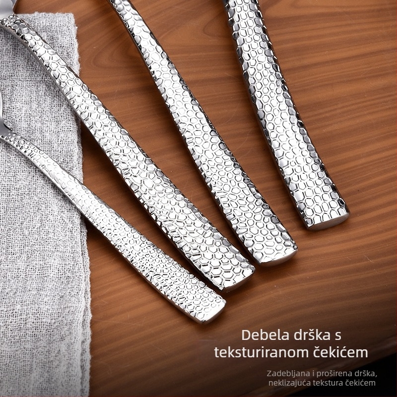 Set pribora od nehrđajućeg čelika, četiri dijela: nož, vilica i žlica s udubljenom ručkom, sjajan završni premaz, zapadni stil – nož za steak, desertna žlica, 410 čelik
