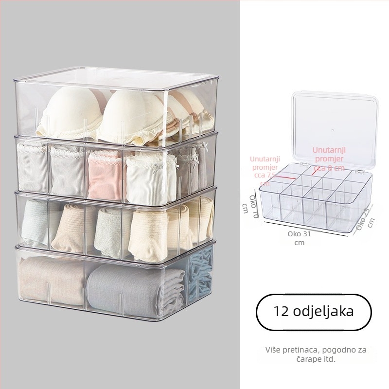 Prozirani PET organizator za donje rublje i čarape, 4 pretinca za donje rublje i 8 pretinaca za čarape