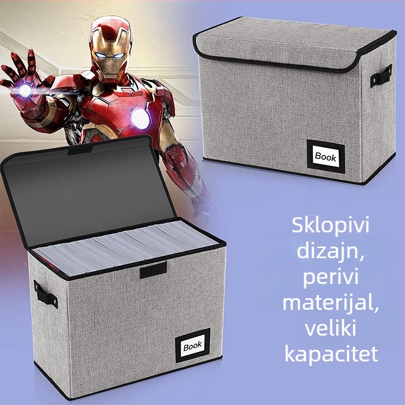 Sklopiva platnena kutija za pohranu stripova i časopisa, prijenosna i periva, s poklopcem koji se otvara; dimenzije 40×20×30 cm, kapacit 5–10 L, jednostavan i moderan dizajn