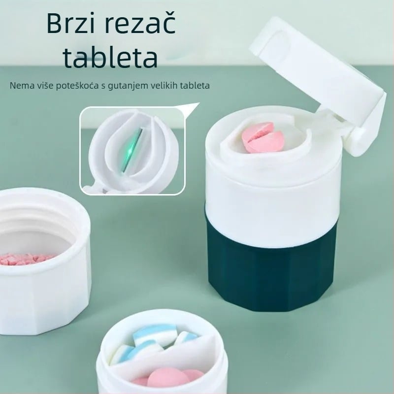 Prijenosna kutija za tablete s rezačem i mlincem, ručni višefunkcionalni organizator lijekova, dvije pretince, plastična