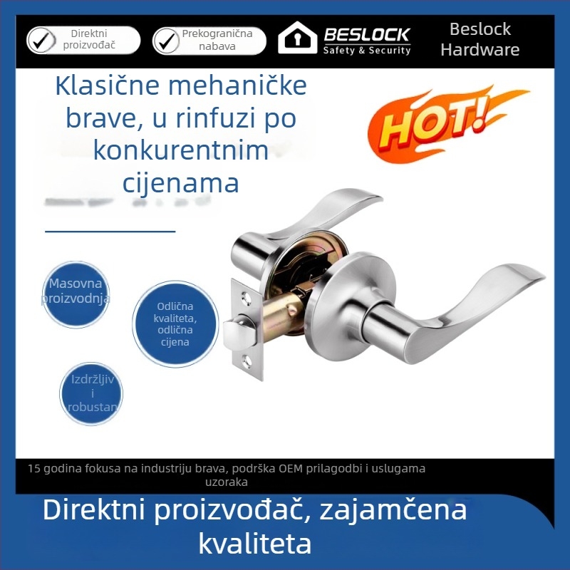 Prilagodljiva brava za vrata od aluminijske legure s ručkom, mehanički mehanizam, trostruki štapni mehanizam za vrata spavaće sobe, tih i protiv krađe.