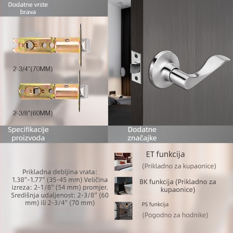Prilagodljiva brava za vrata od aluminijske legure s ručkom, mehanički mehanizam, trostruki štapni mehanizam za vrata spavaće sobe, tih i protiv krađe.