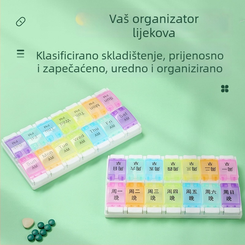 Kutija za tablete s dvostrukim redom, mehanizam za pritiskanje, 14 pretinaca, 7-dnevno višefunkcionalno medicinsko skladište, prijenosno