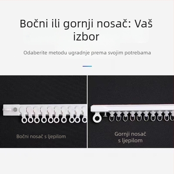 Držač zavjesa bez bušenja, dvostruka namjena; montaža ljepilom ili čavlima; bočna gornja tračnica za vrata i dijeljiva nano šipka