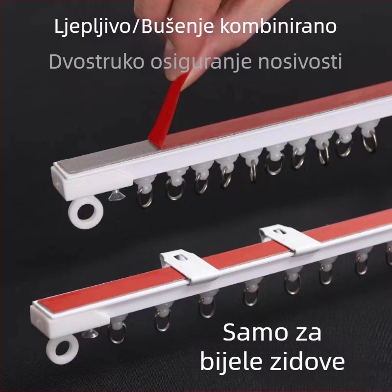 Držač zavjesa bez bušenja, dvostruka namjena; montaža ljepilom ili čavlima; bočna gornja tračnica za vrata i dijeljiva nano šipka