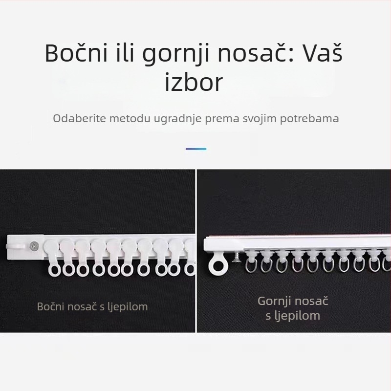 Držač zavjesa bez bušenja, dvostruka namjena; montaža ljepilom ili čavlima; bočna gornja tračnica za vrata i dijeljiva nano šipka
